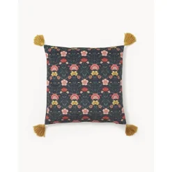 Copricuscino In Velluto Con Motivo Floreale E Nappe Pari