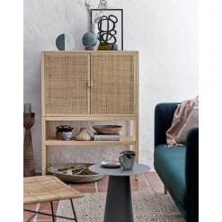 Credenza Alta In Legno Di Pino/Rattan Sanna