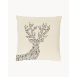 Federa Arredo Beige Ricamata Con Ornamenti Natalizi Deer