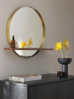 Specchio Da Parete Rotondo Con Mensola In Legno Aaron
