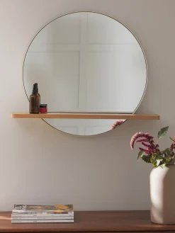 Specchio Da Parete Rotondo Con Mensola In Legno Aaron