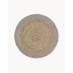 Tappeto Rotondo In Juta Fatto A Mano Con Bordo Grigio Shanta