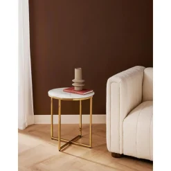 Tavolino Rotondo Con Piano In Vetro Effetto Marmo Antigua