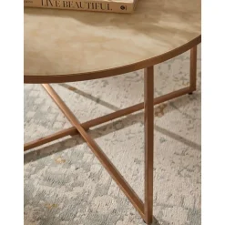 Tavolino Rotondo Con Piano In Vetro Effetto Marmo Antigua