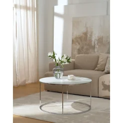 Tavolino Rotondo Da Salotto Con Piano In Vetro Effetto Marmo Antigua