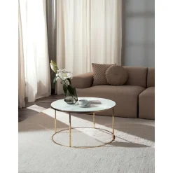 Tavolino Rotondo Da Salotto Con Piano In Vetro Effetto Marmo Antigua