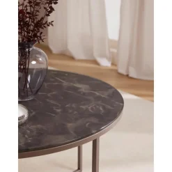 Tavolino Rotondo Da Salotto Con Piano In Vetro Effetto Marmo Antigua