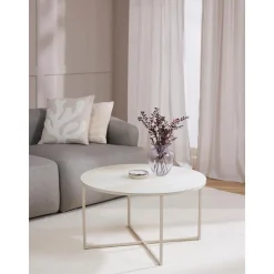 Tavolino Rotondo Da Salotto Con Piano In Vetro Effetto Marmo Antigua