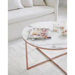 Tavolino Rotondo Da Salotto Con Piano In Vetro Effetto Marmo Antigua