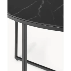 Tavolino Rotondo Da Salotto Con Piano In Vetro Effetto Marmo Antigua