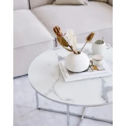 Tavolino Rotondo Da Salotto Con Piano In Vetro Effetto Marmo Antigua