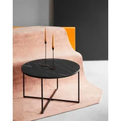 Tavolino Rotondo Da Salotto Con Piano In Vetro Effetto Marmo Antigua