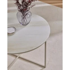 Tavolino Rotondo Da Salotto Con Piano In Vetro Effetto Marmo Antigua