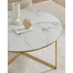 Tavolino Rotondo Xl Da Salotto Con Piano In Vetro Effetto Marmo Antigua