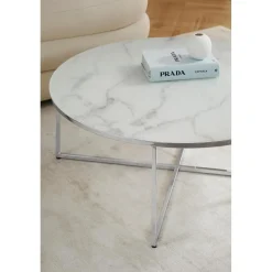 Tavolino Rotondo Xl Da Salotto Con Piano In Vetro Effetto Marmo Antigua