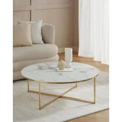 Tavolino Rotondo Xl Da Salotto Con Piano In Vetro Effetto Marmo Antigua