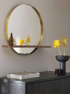 Specchio Da Parete Rotondo Con Mensola In Legno Aaron