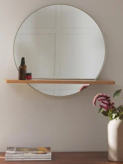 Specchio Da Parete Rotondo Con Mensola In Legno Aaron