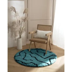 Tappeto Rotondo A Pelo Lungo Blu Petrolio Davin, Fatto A Mano