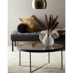 Tavolino Da Salotto Rotondo In Metallo Con Piano In Vetro Marmorizzato Gellina