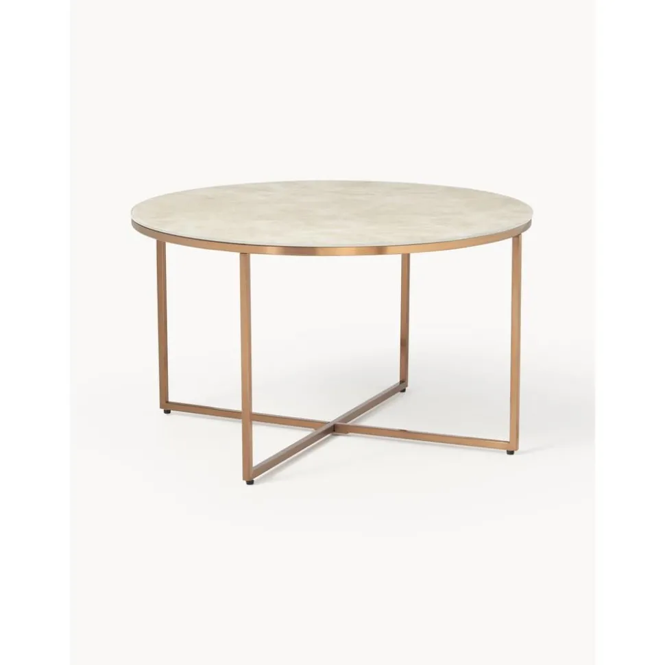 Tavolino Rotondo Con Piano In Vetro Effetto Marmo Antigua