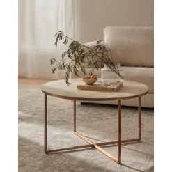 Tavolino Rotondo Con Piano In Vetro Effetto Marmo Antigua