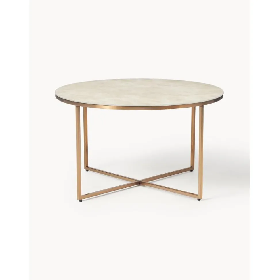 Tavolino Rotondo Con Piano In Vetro Effetto Marmo Antigua