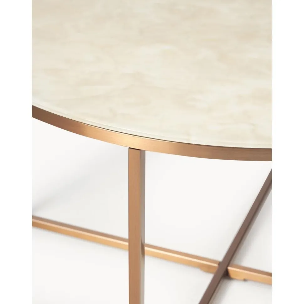 Tavolino Rotondo Con Piano In Vetro Effetto Marmo Antigua