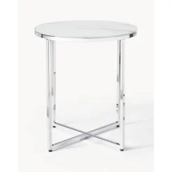 Tavolino Rotondo Con Piano In Vetro Effetto Marmo Antigua