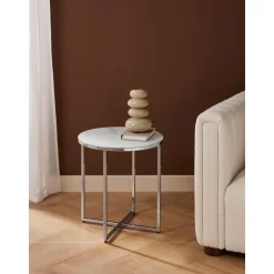 Tavolino Rotondo Con Piano In Vetro Effetto Marmo Antigua