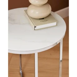 Tavolino Rotondo Con Piano In Vetro Effetto Marmo Antigua