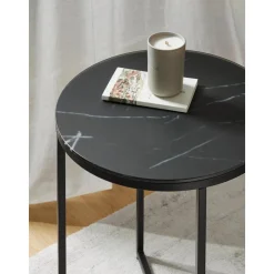 Tavolino Rotondo Con Piano In Vetro Effetto Marmo Antigua