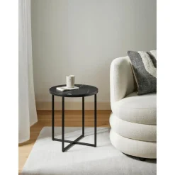 Tavolino Rotondo Con Piano In Vetro Effetto Marmo Antigua