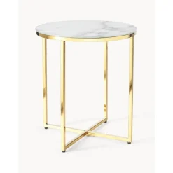 Tavolino Rotondo Con Piano In Vetro Effetto Marmo Antigua