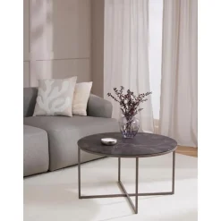 Tavolino Rotondo Da Salotto Con Piano In Vetro Effetto Marmo Antigua