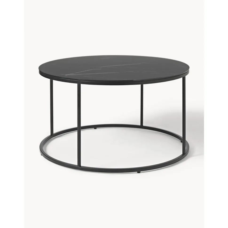 Tavolino Rotondo Da Salotto Con Piano In Vetro Effetto Marmo Antigua