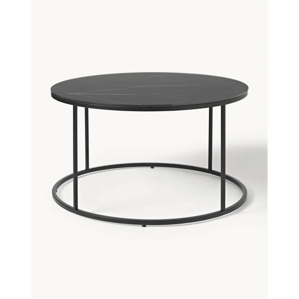 Tavolino Rotondo Da Salotto Con Piano In Vetro Effetto Marmo Antigua