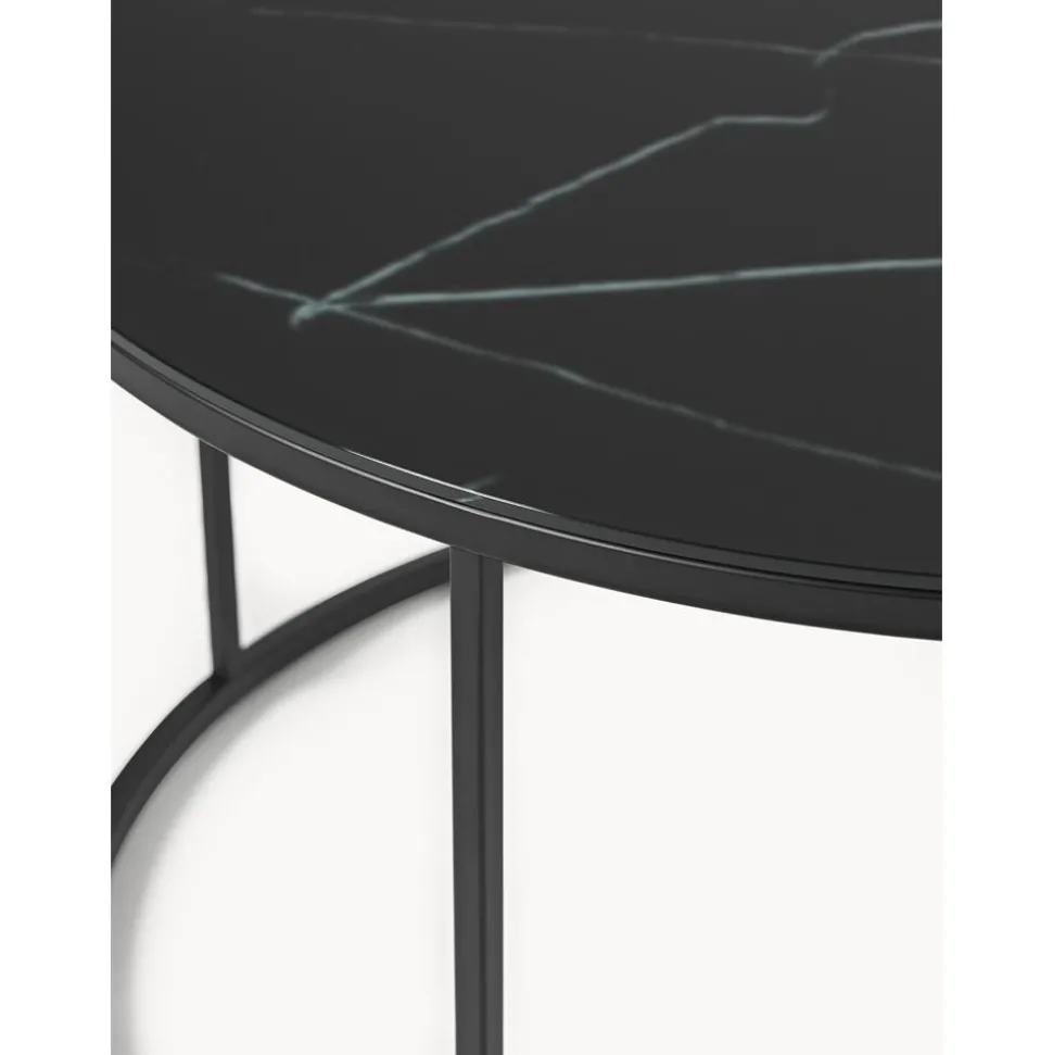 Tavolino Rotondo Da Salotto Con Piano In Vetro Effetto Marmo Antigua