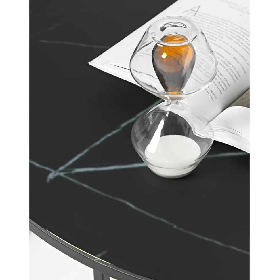 Tavolino Rotondo Da Salotto Con Piano In Vetro Effetto Marmo Antigua