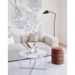 Tavolino Rotondo Da Salotto Con Piano In Vetro Effetto Marmo Antigua