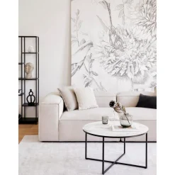 Tavolino Rotondo Da Salotto Con Piano In Vetro Effetto Marmo Antigua