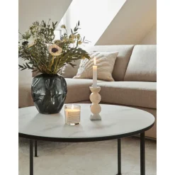 Tavolino Rotondo Da Salotto Con Piano In Vetro Effetto Marmo Antigua