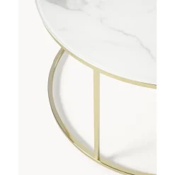 Tavolino Rotondo Da Salotto Con Piano In Vetro Effetto Marmo Antigua