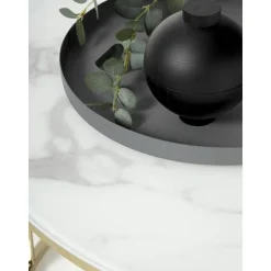 Tavolino Rotondo Da Salotto Con Piano In Vetro Effetto Marmo Antigua