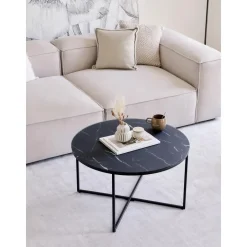 Tavolino Rotondo Da Salotto Con Piano In Vetro Effetto Marmo Antigua