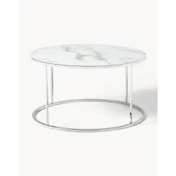 Tavolino Rotondo Da Salotto Con Piano In Vetro Effetto Marmo Antigua