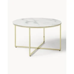 Tavolino Rotondo Da Salotto Con Piano In Vetro Effetto Marmo Antigua