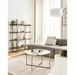 Tavolino Rotondo Da Salotto Con Piano In Vetro Effetto Marmo Antigua