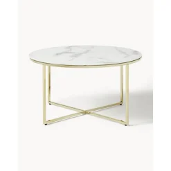 Tavolino Rotondo Da Salotto Con Piano In Vetro Effetto Marmo Antigua