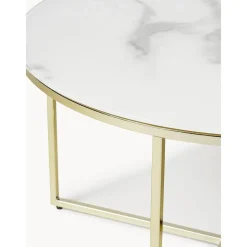 Tavolino Rotondo Da Salotto Con Piano In Vetro Effetto Marmo Antigua